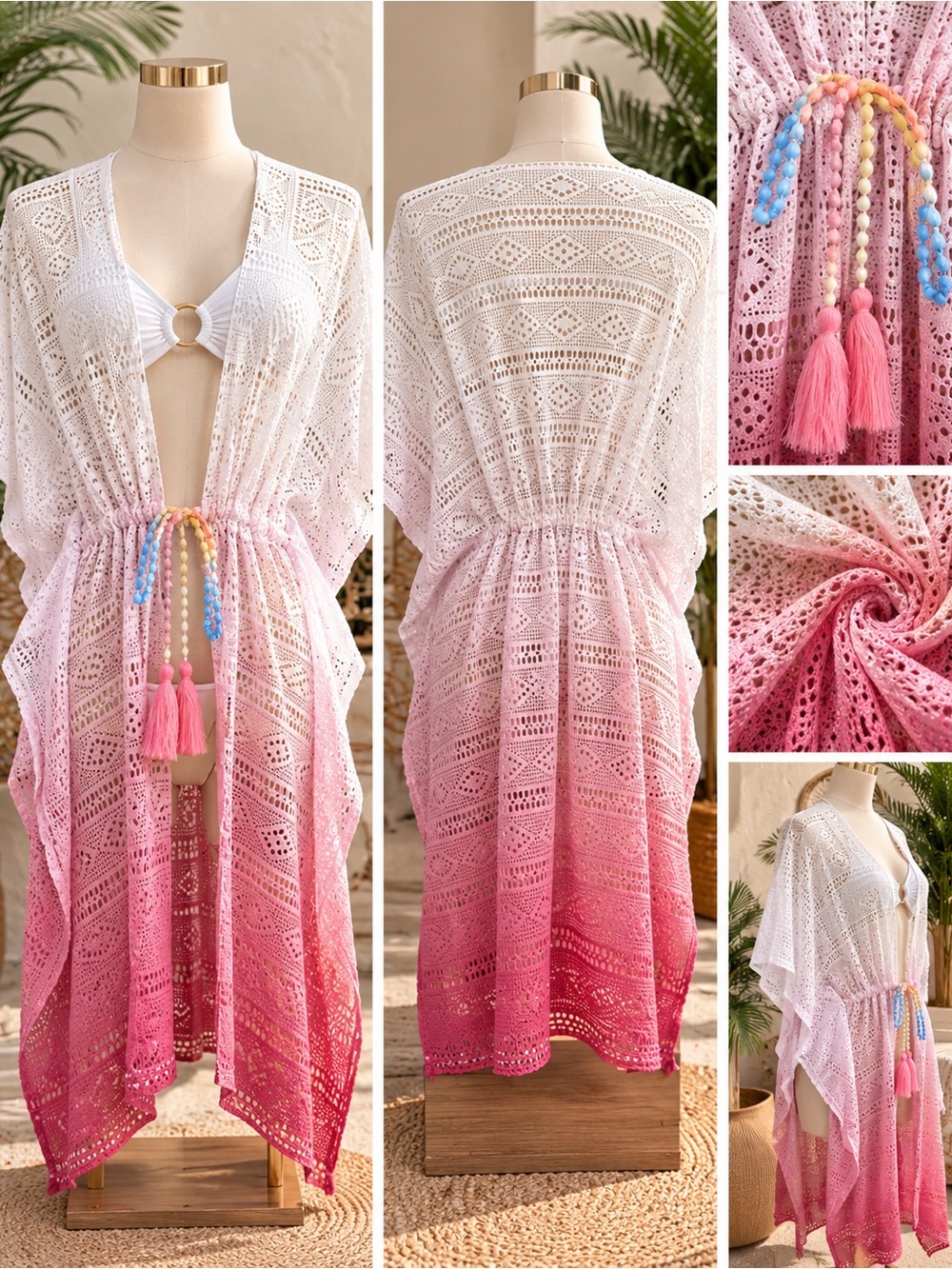 Bohemian Ombre Crochet Cover-Up Dress - Pink Gradient